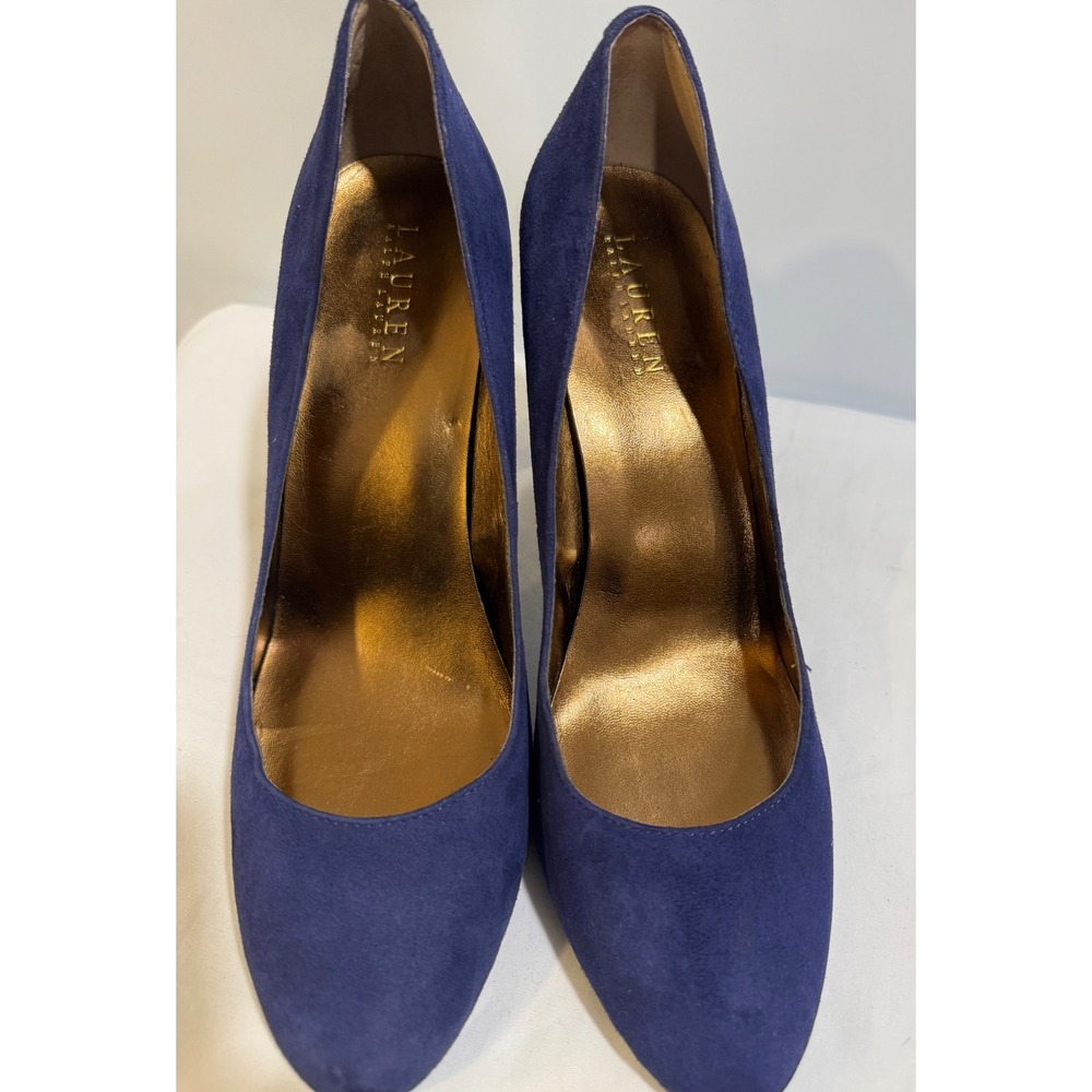 Lauren Ralph Lauren Royal Blue Suede Pumps Gold Insole Block Heel Sz 10B